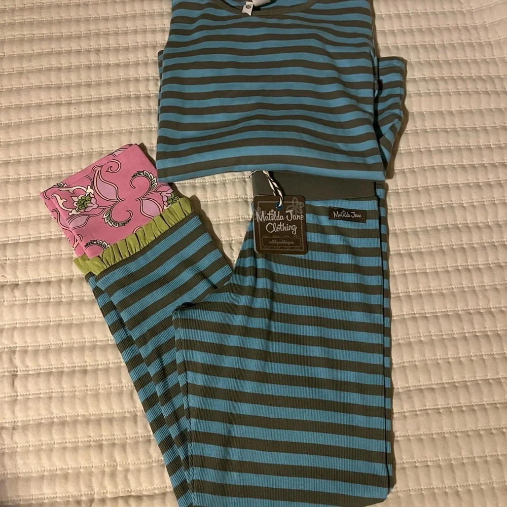 Matilda Jane Teal and Olive Striped Kids set pants new with tag‎